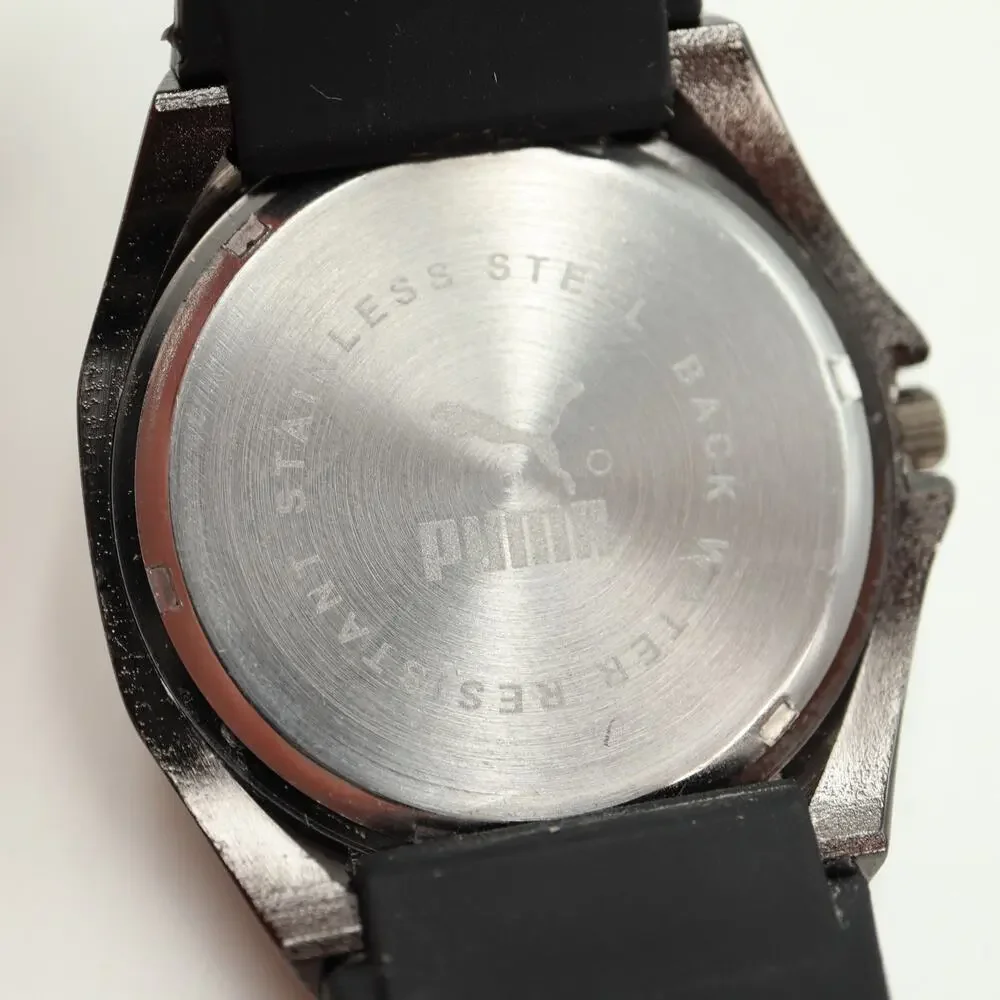 Puma Men's Black Sport Analog 44mm Watch White Dial Silicone Strap w New Battery